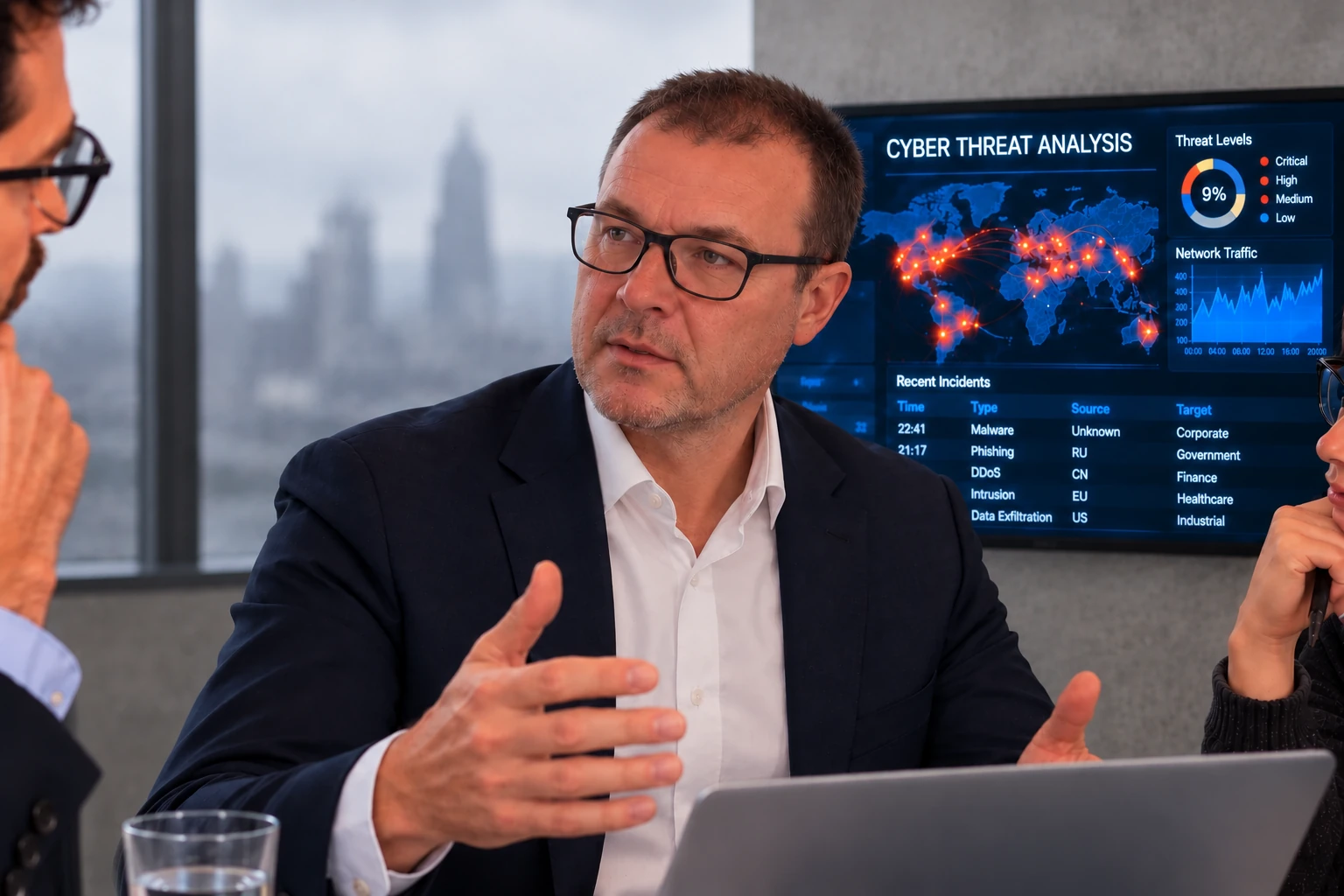Smart – Besprechung mit Cyber Threat Analysis und Basel im Hintergrund